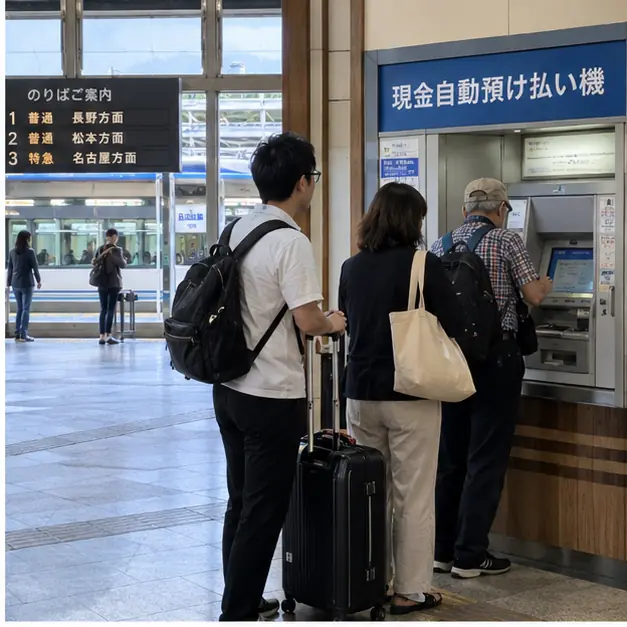 ATMの順番を待つ利用者